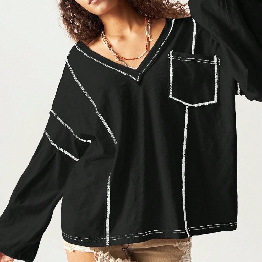 Black Women's Casual Plain V-Neck Loose Sweatshirt